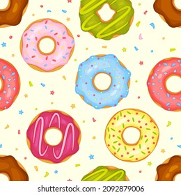 Cartoon cute donuts seamless pattern, glazed donut with sprinkles. Delicious doughnuts, sweet pastry dessert bakery vector background. Tasty sugary food assortment for wallpaper or fabric