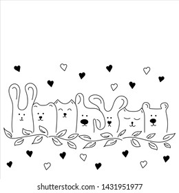 Cartoon cute doodle animals. Hand drawn Vector illustration. Perfect for poster, birthday, baby book, children room, notebook.