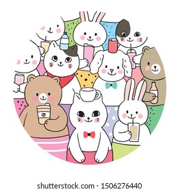 Cartoon cute doodle cats, bear, rabbit and drink vector.
