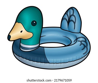 Cartoon cute doodle Duck Inflatable Pool Circle. Summer swimming toy colorful vector funny illustration. Isolated on white background.