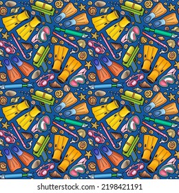 Cartoon cute doodle equipment for underwater swimming seamless pattern. Snorkeling colorful vector funny background