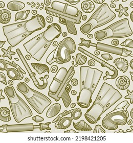 Cartoon cute doodle equipment for underwater swimming seamless pattern. Snorkeling vector funny background