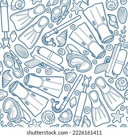 Cartoon cute doodle equipment for underwater swimming seamless pattern. Snorkeling line art vector funny background