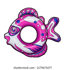 Cartoon cute doodle Fish Inflatable Pool Circle. Summer swimming toy colorful vector funny illustration. Isolated on white background.