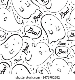 Cartoon cute Doodle hand drawn Halloween seamless pattern. Funny ghosts say Boo. Vector background design for fun Halloween decoration. Naive, childish style of drawing. For packaging, textiles