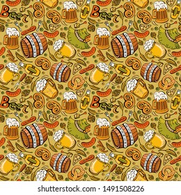 Cartoon cute Doodle hand drawn Oktoberfest seamless pattern. Beer icons. Colorful detail, with lots of background objects. Endless funny vector illustration. Bright color background with beer symbols