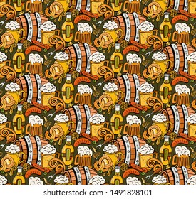 Cartoon cute Doodle hand drawn Oktoberfest seamless pattern. Beer icons. Colorful detail, with lots of background objects. Endless funny vector illustration. Bright color background with beer symbols