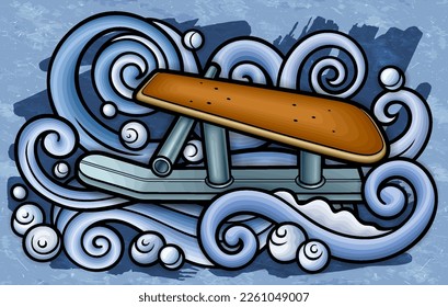Cartoon cute doodle hand drawn sled illustration. Winter amusement vector background. Funny transport for snow ride