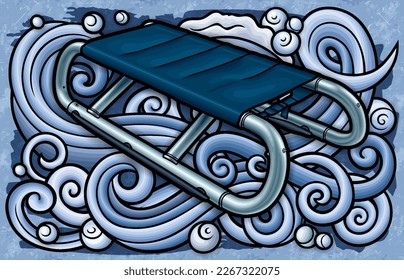 Cartoon cute doodle hand drawn sled illustration. Winter amusement vector background. Funny transport for snow ride