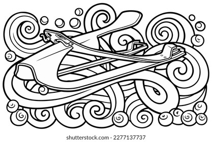 Cartoon cute doodle hand drawn sled illustration. Winter amusement vector background. Funny transport for snow ride