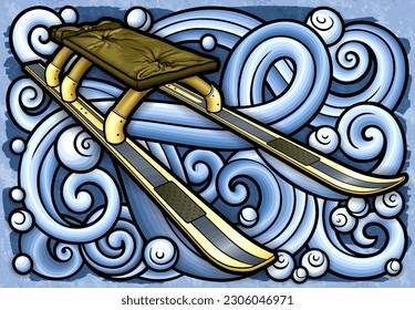 Cartoon cute doodle hand drawn sled illustration. Winter amusement vector background. Funny transport for snow ride