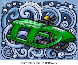 Cartoon cute doodle hand drawn sled illustration. Winter amusement vector background. Funny transport for snow ride