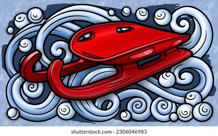 Cartoon cute doodle hand drawn sled illustration. Winter amusement vector background. Funny transport for snow ride