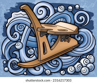 Cartoon cute doodle hand drawn sled illustration. Winter amusement vector background. Funny transport for snow ride