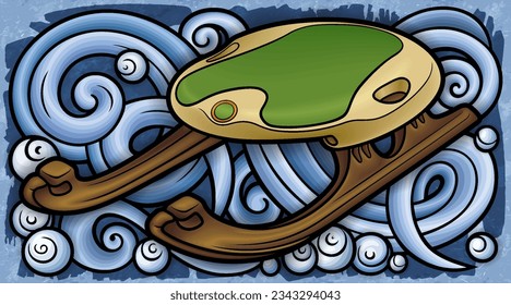 Cartoon cute doodle hand drawn sled illustration. Winter amusement vector background. Funny transport for snow ride