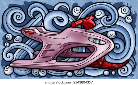 Cartoon cute doodle hand drawn sled illustration. Winter amusement vector background. Funny transport for snow ride