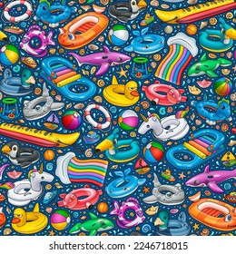 Cartoon cute doodle Inflatable Pool Circles Seamless Pattern. Summer swimming toys colorful vector funny background