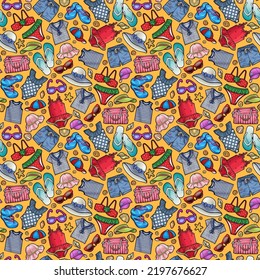 Cartoon cute doodle Kids Clothes Seamless Pattern. Summer children fashion colorful vector funny background