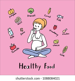 Cartoon cute doodle pregnant woman and foods vector.