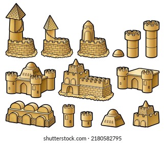 Cartoon cute doodle sand castle parts set. Summer beach entertainment colorful vector funny illustration. Isolated on white background.