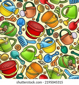 Cartoon cute doodle Sand Castle Building Toys Seamless Pattern. Kids acessories colorful vector funny background
