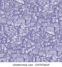 Cartoon Cute Doodle Sand Castle Seamless Pattern. Beach Pastime Line Art Vector Funny Background