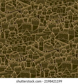 Cartoon Cute Doodle Sand Castle Seamless Pattern. Beach Pastime Line Art Vector Funny Background