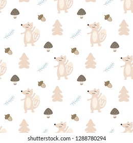 Cartoon cute doodle seamless pattern illustration with cute fox and peanut and mushrooms. Endless texture with graphic background. Scandinavian style for nursery, wallpaper, wrap, fabric, postcard.