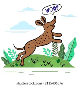 Cartoon cute doodle style dog jumping. Happy puppy. Funny favorite pet dachshund. Sketch of a cheerful dog for prints, children's clothing, cards, t-shirts. Vector illustration.