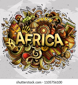 Cartoon Cute Doodles Africa Word. Colorful Illustration. Background With Lots Of Separate Objects. Funny Vector Artwork