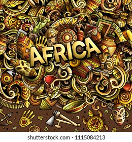 Cartoon cute doodles Africa word. Colorful illustration. Background with lots of separate objects. Funny vector artwork