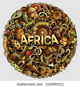 Cartoon cute doodles Africa word. Colorful illustration. Background with lots of separate objects. Funny vector artwork