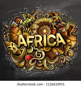 Cartoon cute doodles Africa word. Colorful chalkboard illustration. Background with lots of separate objects. Funny vector artwork