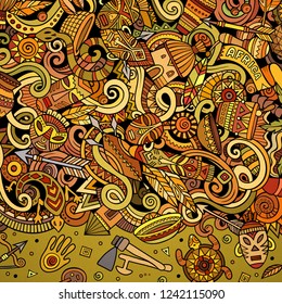 Cartoon cute doodles Africa word. Colorful illustration. Background with lots of separate objects. Funny vector artwork