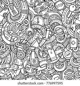 Cartoon cute doodles Automotive seamless pattern. Line art detailed, with lots of objects background. All objects separate. Backdrop with car parts symbols and items