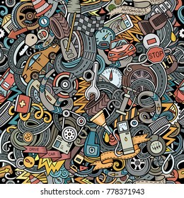 Cartoon cute doodles Automotive seamless pattern. Colorful detailed, with lots of objects background. All objects separate. Backdrop with car parts symbols and items