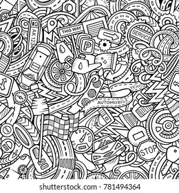 Cartoon cute doodles Automotive seamless pattern. Line art detailed, with lots of objects background. All objects separate. Backdrop with car parts symbols and items