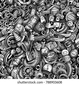 Cartoon cute doodles Automotive seamless pattern. Monochrome detailed, with lots of objects background. All objects separate. Backdrop with car parts symbols and items