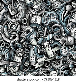 Cartoon cute doodles Automotive seamless pattern. Monochrome detailed, with lots of objects background. All objects separate. Backdrop with car parts symbols and items