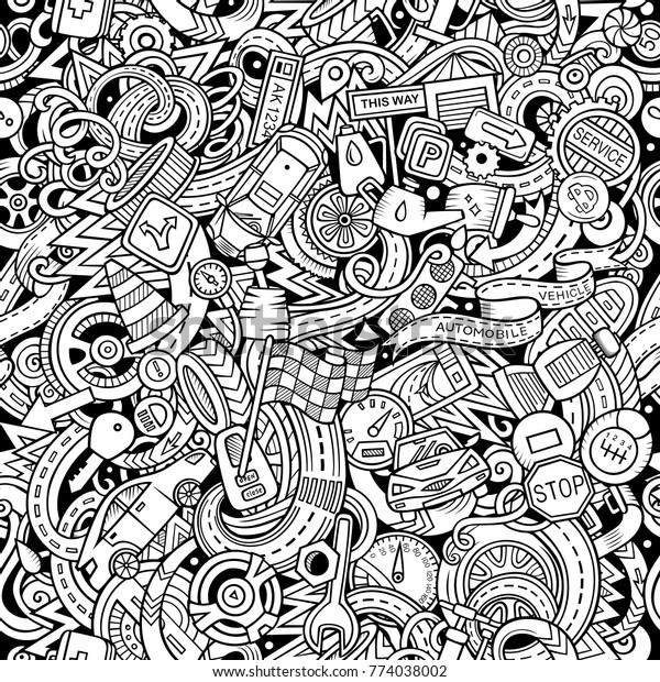 Cartoon cute doodles Automotive\
seamless pattern. Line art detailed, with lots of objects\
background. All objects separate. Backdrop with car parts symbols\
and items