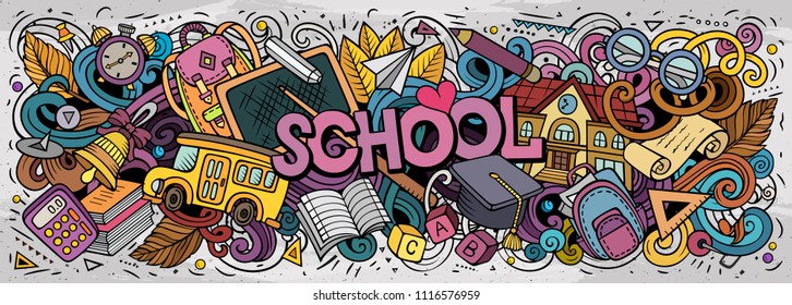 Cartoon cute doodles Back to School word. Colorful horizontal illustration. Background with lots of separate objects. Funny vector artwork
