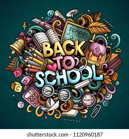Cartoon cute doodles Back to School phrase. Colorful illustration. Background with lots of separate objects. Funny vector artwork
