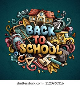 Cartoon süß doodles Zurück zu Schule Phrase. Farbige Abbildung. Hintergrund mit vielen separaten Objekten. Funny Vektorgrafik