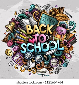 Cartoon cute doodles Back to School phrase. Colorful illustration. Background with lots of separate objects. Funny vector artwork