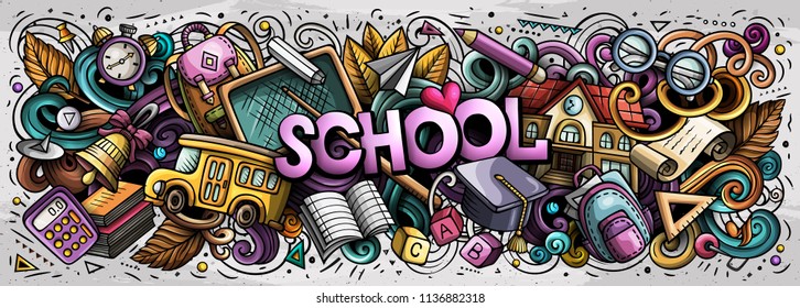 Cartoon cute doodles Back to School word. Colorful horizontal illustration. Background with lots of separate objects. Funny vector artwork