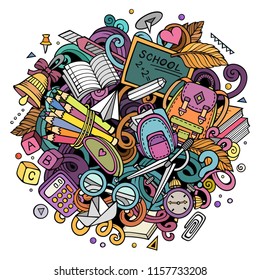 Cartoon cute doodles Back to School Colorful illustration. Background with lots of separate objects. Funny vector artwork