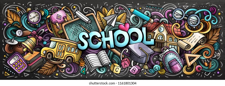 Cartoon cute doodles Back to School word. Colorful chalkboard horizontal illustration. Background with lots of separate objects. Funny vector artwork