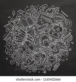 Cartoon cute doodles Back to School sketchy illustration. Chalkboard background with lots of separate objects. Funny vector artwork