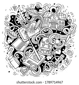 Cartoon cute doodles Back to School sketchy illustration. Background with lots of separate objects. Funny vector artwork