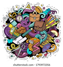 Cartoon cute doodles Back to School Colorful illustration. Background with lots of separate objects. Funny vector artwork